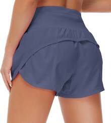 Womens High Waisted Running Shorts Quick Dry Athletic Workout Shorts With Mesh Liner Zipper Pockets - Dusty Blue - View 3