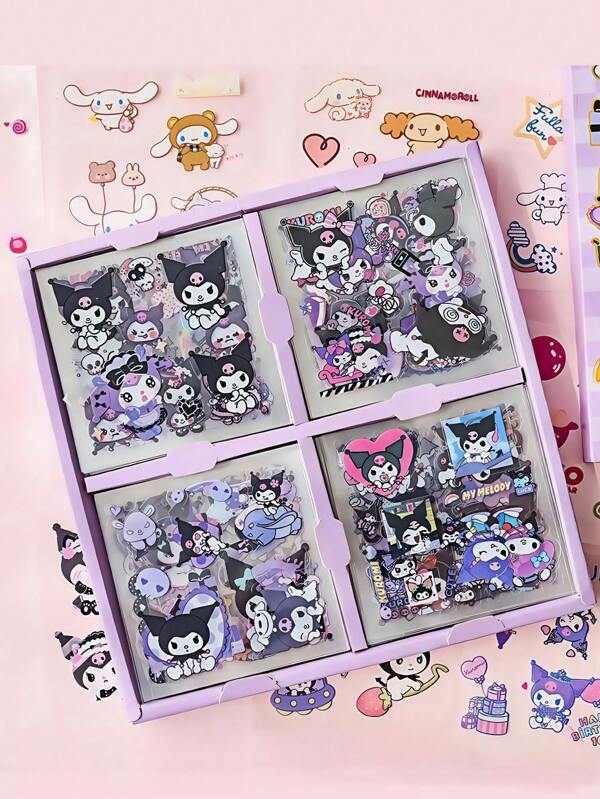 Sanrio 100 pezzi Set assortito di adesivi impermeabili in PET, simpatici cartoni animati Kuromi, My Melody, articoli di cartoleria creativi per scrapbooking, organizer, regalo per bambini, ragazze, regalo di compleanno (i modelli della confezione regalo sono casuali)