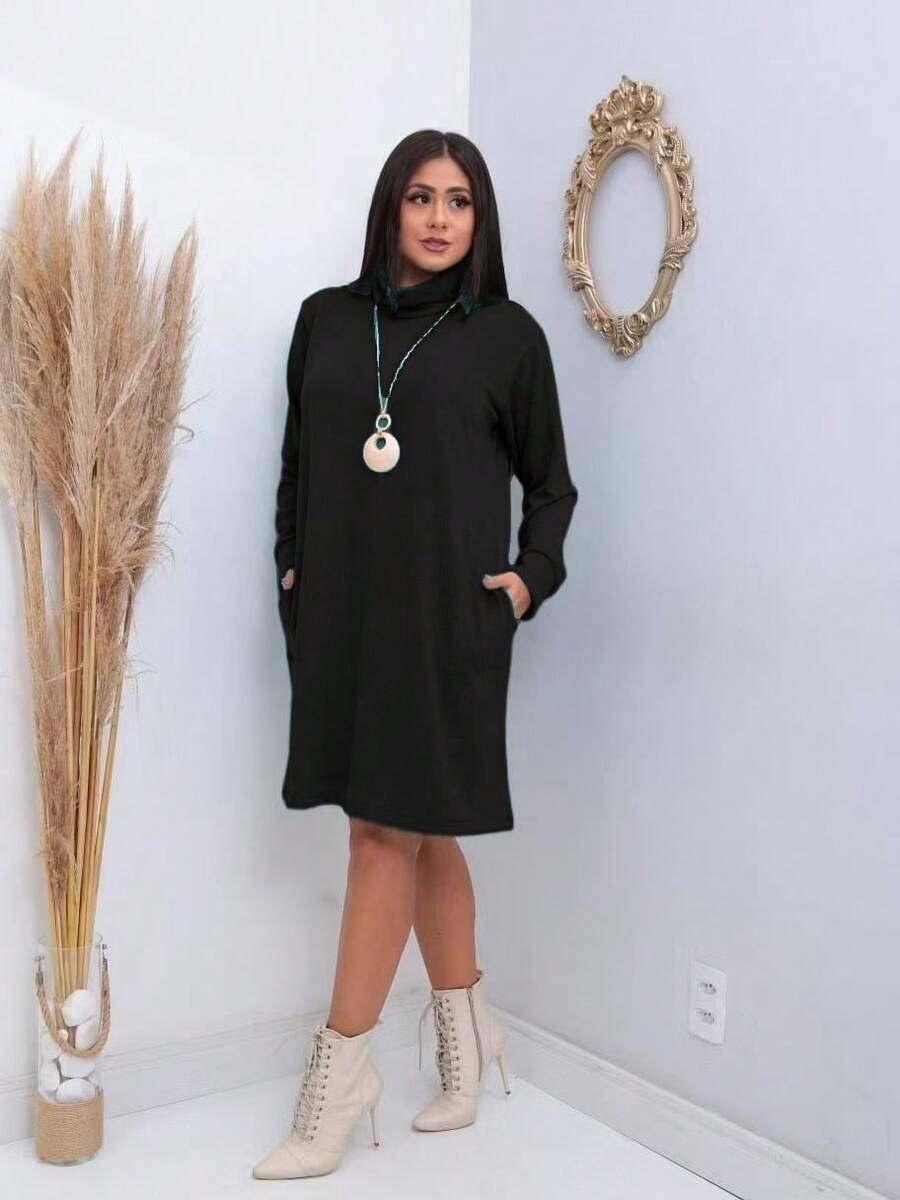 Long Sleeve Wool Dress For Winter - 黑色 - 查看 1