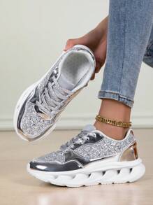 Chaussures casual de sport extérieur brillantes pour femmes, baskets de course mode à lacets, chaussures de marche légères à plateforme, convenant pour le port quotidien et les voyages