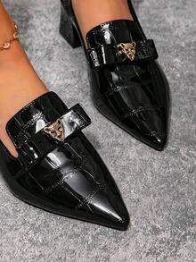 Damskie czółenka na grubym obcasie z metalową klamrą w kształcie głowy tygrysa, z odsłoniętym obcasem i paskiem z tyłu, wsuwane, wygodne i uniwersalne, na wysokim obcasie, czarne - Czarne - Zobacz 5