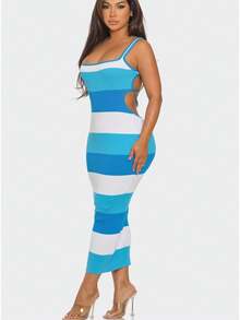 Multi Stripe Stretchy Knit Midi Dress  Colorblock  Striped    Casual  Elegant    Rib-Knit    Beach - Màu xanh lam - Xem 8