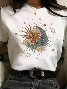 Women's Moon And Sun Shirt Casual T-Shirt Style 100% Cotton Comfortable - trắng - Xem 2