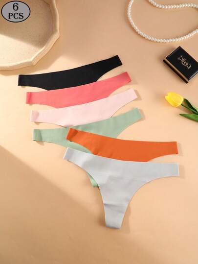 6 Packs Women's Thong Solid Color Silky Seamless Low-Waisted Fashion Underwear Women's Thong Casual-Comfortable Minimalist Casual-Sports Casual Romantic-French Seamless High-Elastic Low-Waisted