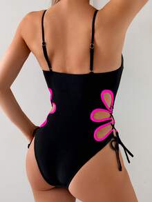 1件装女士纯色镂空边系带性感休闲连体泳衣度假沙滩夏季 - 玫紅色 - 查看 2