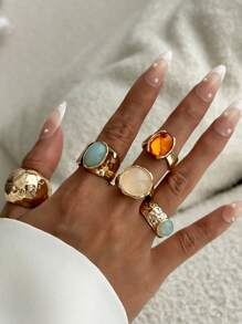 7pcs/Set Geometric Vintage Faux Gemstone Inlaid Asymmetrical Metal Rings Set, Luxurious Everyday Casual Women & Couples Jewelry Rings Gift For Birthday, Holiday