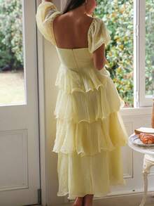 PoPoHouse 女装夏季中长款连衣裙温柔风收腰显瘦荷叶边半身裙 - 黃色 - 查看 4