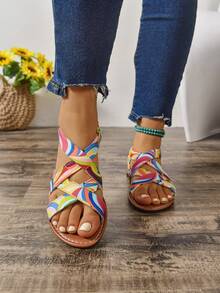 多色系带平底女式休闲凉鞋，时尚百搭户外凉鞋