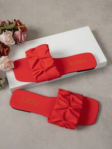 WIDE FIT Women's Square Toe Pleated Leather Sandals With Soft Sole, Wide Width Friendly Flat Comfortable Summer Shoes, Daily Wear Non-Tight Fit - Red - View 6