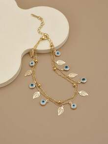 1 件奢华精致镂空叶眼恶魔眼双层不锈钢脚链、手链、沙滩配饰、女士沙滩珠宝 - 金黃色 - 查看 1