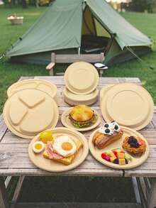 100% Bamboo Fiber 3-Compartment Disposable Plates, Available In 9"/7"/9", Sturdy And Durable, Microwave , Natural Unbleached Brown Color, PFAS-Free, Water And Oil Resistant Bamboo Fiber Disposable Plates - Beige - View 3