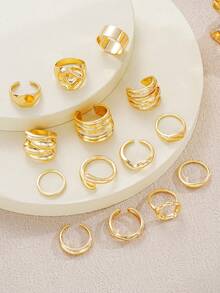 14 件/套厚几何不对称波浪液体纹理多层相交线金属风格粗戒指，时尚、简约、优雅、复古，适合节日、派对、日常佩戴、礼物 - 金黃色 - 查看 3