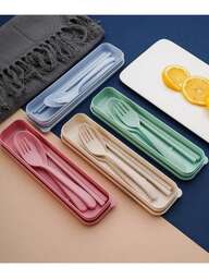 Set de 3 piezas de cubiertos, tenedor + cuchara + palillos, juego de 3 piezas de vajilla, fabricado en material PP, antioxidante, portátil, adecuado para exteriores, viajes, restaurantes, cocina, útiles escolares