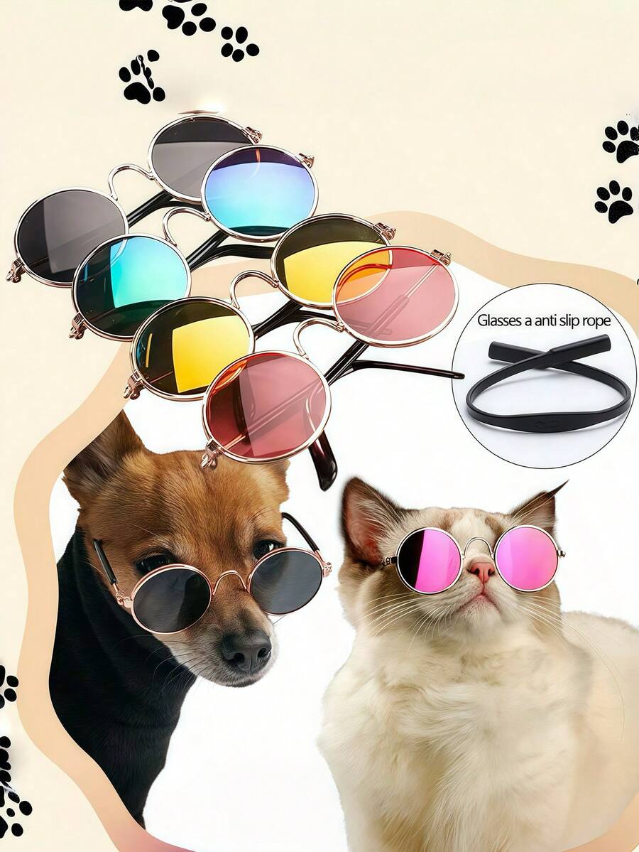 Pet Mini Stylish Sunglasses + Anti-Slip Strap Set, Pet Fashion Accessory, Multi-Color Pet Glasses Suitable For Small/Medium Cats & Dogs, Holiday & Birthday Costume, Photo Prop