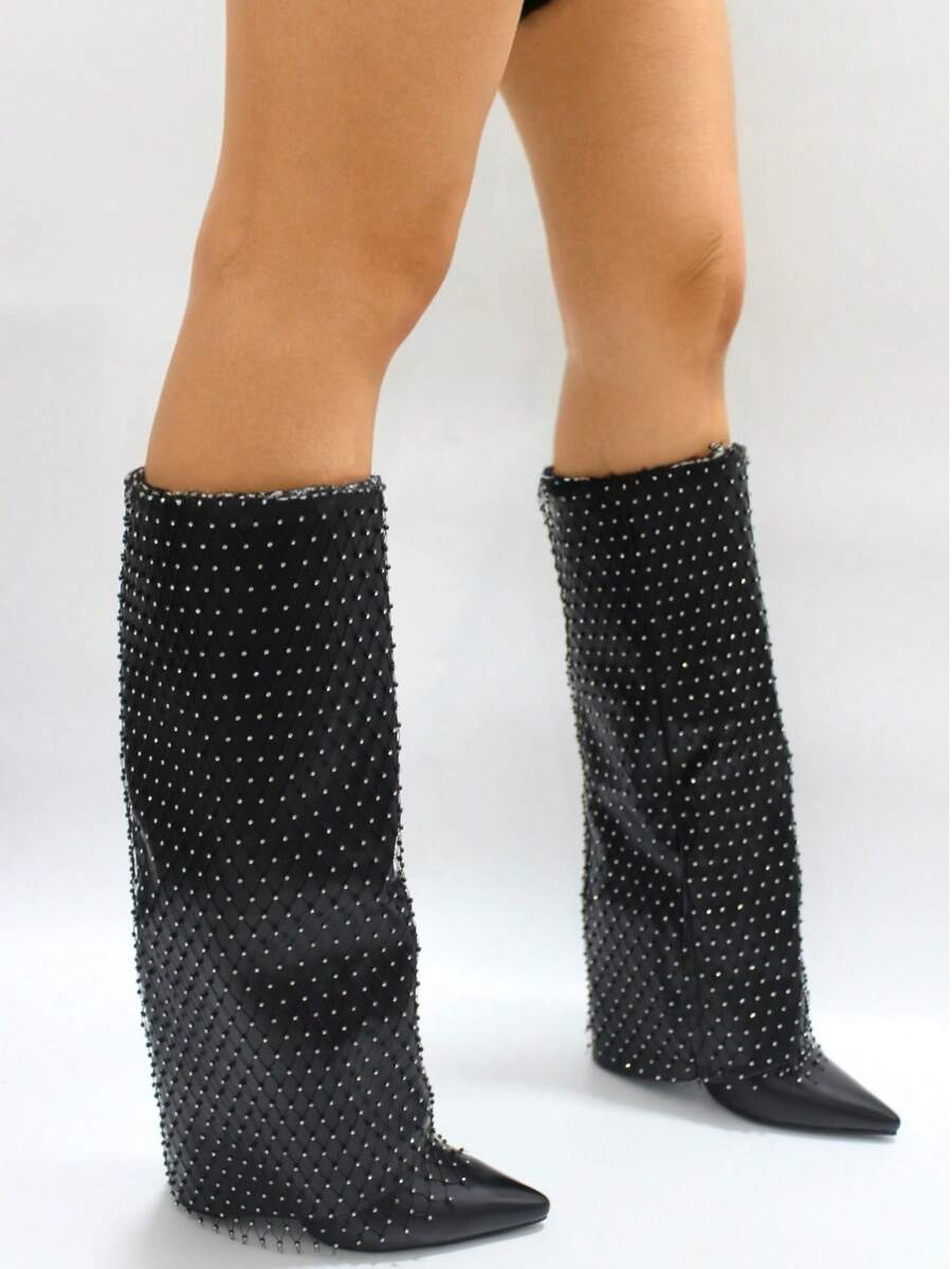 Fashion Rhinestone Detail Women's Boots For Daily Wear - Black - View 1