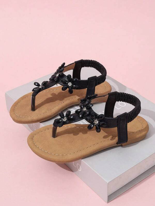Sandalias planas con flores de cristal lindas para niñas, adecuadas para vacaciones, al aire libre, uso diario, viajes, playa, uso casual, verano