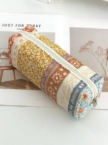 1pc Vintage Contrast Random Flower Pattern Quilted Large Capacity Cosmetic Bag, Fashionable Portable Cosmetic Bag, Girls Travel Cosmetic Bag, Portable Toiletry Bag, Can Hold Lipstick, Sanitary Napkins, Coins, Small Items, Etc., Suitable For Home, Travel, Cruise, Vacation And School Use, Wedding Bridesmaid Gifts, Birthday Gifts, Gifts For Good Friends - Beige - View 8