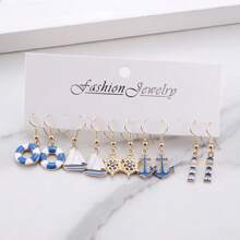 5 Pairs Nautical Theme Anchor, Sailboat & Sailor Earrings, Unique Navy Blue Nautical Earrings For Women, Suitable For Daily Wear