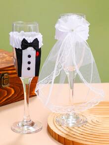 2pcs/Set Wedding Champagne Glasses Decor For Bride And Groom - Toasting Bridal Shower Gifts - Mr And Mrs Wedding Red Wine Bottle Accessories- Set Of 2 - Multicolor - View 2