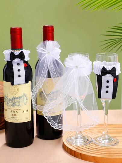2 件套婚礼香槟杯装饰，适合新娘和新郎 - 祝酒新娘送礼会礼物 - 先生和夫人婚礼红酒瓶配件 - 2 件套