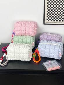 1 件马卡龙色化妆品收纳包儿童旅行化妆包柔软泡沫绗缝化妆收纳包大容量洗漱包带拉链时尚网格设计手拿包便携式手持化妆包带绳钥匙扣可爱零钱包儿童铅笔盒珠宝收纳包、唇油收纳包、指甲油收纳包、洗漱用品收纳包、钢笔收纳包极具吸引力的化妆包，适合上学和旅行 - 彩色 - 查看 3