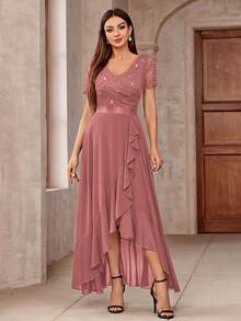 MIUSOL 优雅V领亮片花卉蕾丝荷叶边下摆正式派对长裙，适合情人节、婚礼等场合 - 藕粉色 - 查看 2