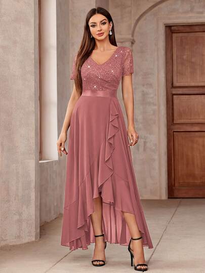 MIUSOL 优雅V领亮片花卉蕾丝荷叶边下摆正式派对长裙，情人节必备