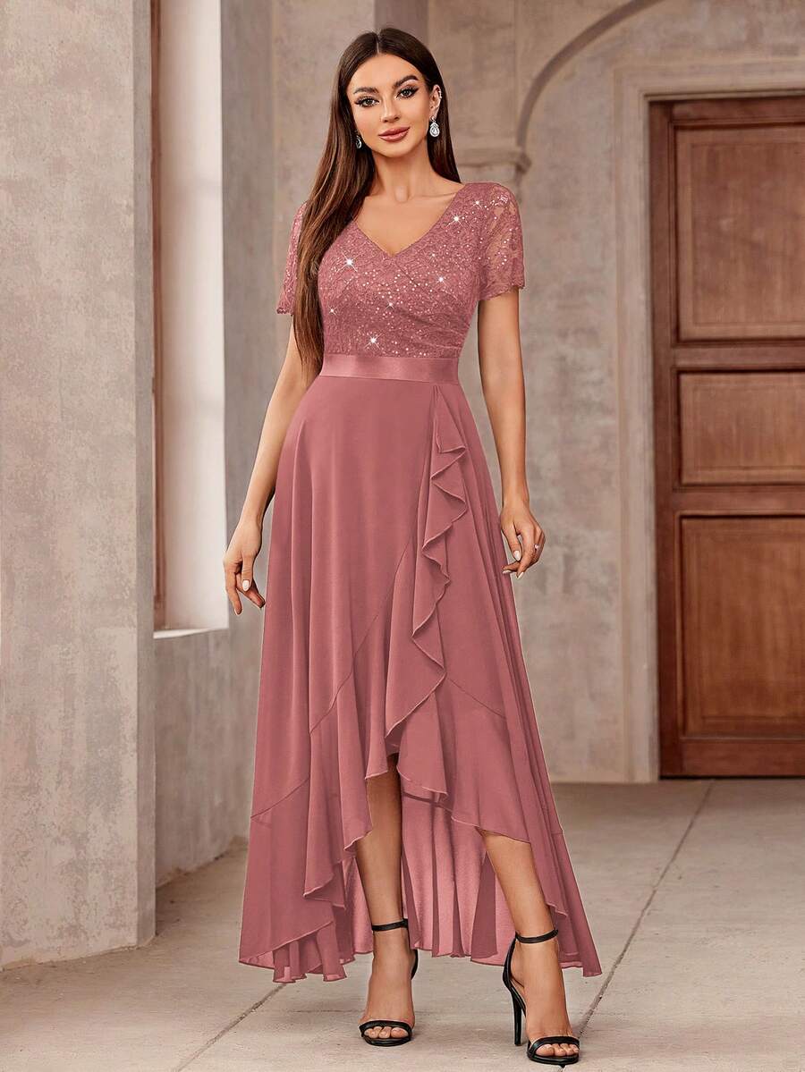 MIUSOL 优雅V领亮片花卉蕾丝荷叶边下摆正式派对长裙，适合情人节、婚礼等场合