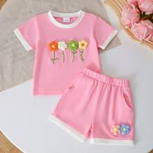 Conjunto de 2 piezas de blusa de manga corta con flores de ganchillo rosa y shorts para niñas de 1 a 4 años, para verano - Rosa - Ver 2