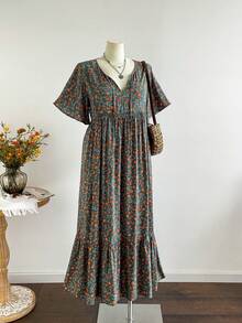 Rusttydustty 加大码复古绿色花卉长裙 V 领短袖高腰宽松休闲长裙 适合日常和野餐 波西米亚风花卉连衣裙 - 綠色 - 查看 3