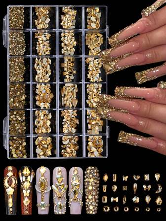 Nail Art 24-Grid Champagne Rhinestone Decor Set, Nail Flat-Bottomed & Asymmetrical Shape Rhinestone Decoration Diy Nail Charms Nail Gems Nail Supplies Nails