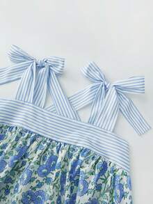 Women Floral Tie Shoulder Mini Dress Cute Square Neck Loose Fit Beach Short Dress Backless Boho Vocation Sundress - 藍色 - 查看 8