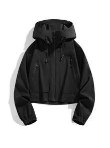 女士短款外套，春季轻便连帽多口袋拉链休闲户外外套 - 黑色 - 查看 2