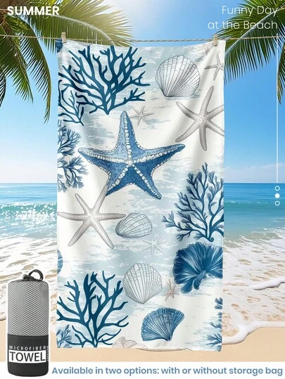 1 件印花沙滩巾，蓝色贝壳和珊瑚游泳巾，浴巾，时尚款式沙滩巾，超强吸水浴巾，适用于浴室、游泳、健身、瑜伽，柔软舒适的超细纤维毛巾，轻巧便携，防风防晒，防沙，适合夏季旅行，度假浴室装饰，可选带或不带储物袋，建议常规尺寸和更大尺寸，（35 * 75cm 小尺寸毛巾，建议 150cm 或以上）