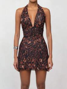 Womens Boho Floral Print Halter Neck Bodycon Dress Summer V Neck Sleeveless Backless Ruched Party Mini Dress Beach Vacation Sundress - màu đen - Xem 1