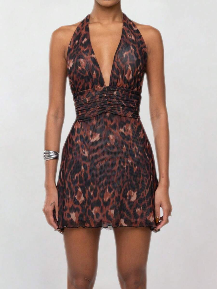 Womens Boho Floral Print Halter Neck Bodycon Dress Summer V Neck Sleeveless Backless Ruched Party Mini Dress Beach Vacation Sundress - Black - View 1