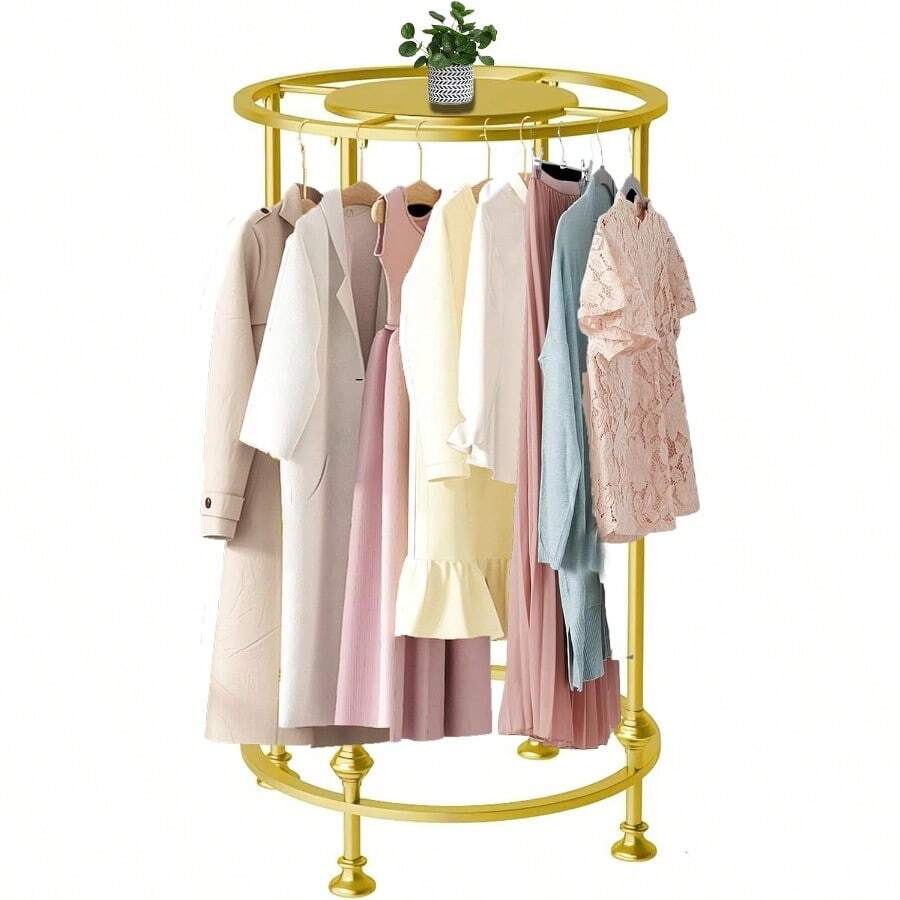 Perchero redondo autoportante de doble espacio, uso múltiple, para almacenamiento de ropa, organizador de ropa comercial con tapa para boutique, dormitorio, capacidad de carga de 330 lbs, color dorado - Dorado - Ver 1
