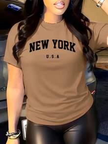 Camiseta de manga corta para mujer con estampado de letras, una camiseta básica informal adecuada para usar todos los días en primavera y verano. - Camel - Ver 1