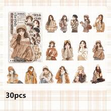 30/120张温柔日记系列PET模切贴纸包，时尚冬装女性角色贴纸，学生计划装饰贴纸