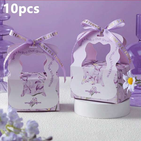 10pcs/Set Hand Held Candy Gift Boxes, Luxury Social Media Celebrity Style Wedding/Holiday/Party/Birthday Favor Boxes With English Letter Gold Foil Ribbons
