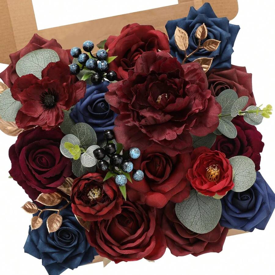 Artificial Pink Flowers, Silk Dusty Pink Fake Flowers For DIY Wedding Bridal Bouquet, Wedding Cake Flowers For Table Centerpieces Birthday Party Baby Shower Home Decoration - 勃根地海軍藍 - 查看 1