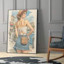 1 Pc Canvas Painting,Woman, Straw Hat, Backless Top, Denim Skirt, Cross - Body Bag, Waterfront, Buildings, Illustration Lily Flower, Art Nouveau, Wall Art, Framed Painting, Interior Decor, Armchair, Floor Rug,Wood Framed Painting (1) Thickness 2.5 Cm/ 1 Inch-Home Decoration For All Occasions,Ideal New Year, Valentine's Day,Thanksgiving,Easter,Christmas Gift,Room Decoration Aesthetic,Wall Decoration Art,Perfect Gift,Autumn And Winter Wall Decoration,Living Room Decoration, Bedroom Decoration, Kitchen Decoration, Entry Decoration, Bathroom Decoration, Direct Wall Painting, High Quality Wall Painting Poster,Modern Home Decoration Stretched And Framed Ready To Hang - Mint Blue - View 2