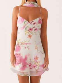 Women Y2k Floral Mini Dress Flower Halter Sheer Mesh Tie Back Short Dresses Summer Party Dress With Scarf - trắng - Xem 2