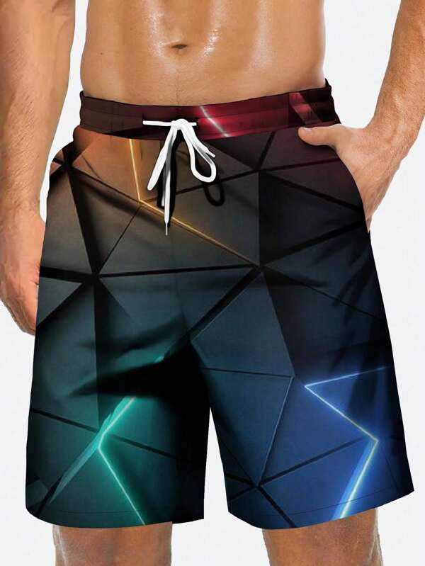 Shorts informales con cordón de hombre de talla grande, estampado geométrico 3D de gráficos digitales, de capa única sin forro, adecuados para uso diario, vacaciones y ropa de estar en casa