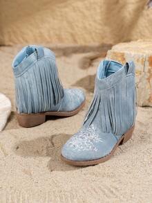 1 双女童高帮休闲防滑公主靴，时尚百搭，适合秋冬 - 藍色 - 查看 2