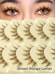 Rikuaild 5对棕色娃娃款自然假睫毛，动漫风格 - 透明睫毛梗，柔软自然，卡通妆效，狐狸眼效果，仙女风格，适合旅行、日常妆容、角色扮演 - 可重复使用的条状假睫毛 - 尖尾漫畫款 - 查看 2