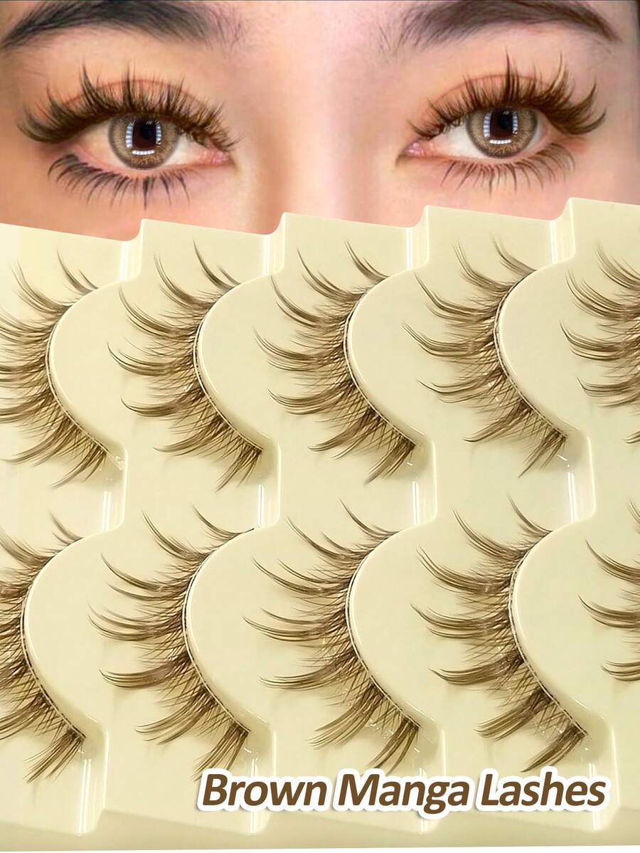 Rikuaild 5对棕色娃娃款自然假睫毛，动漫风格 - 透明睫毛梗，柔软自然，卡通妆效，狐狸眼效果，仙女风格，适合旅行、日常妆容、角色扮演 - 可重复使用的条状假睫毛