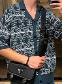 男女款休闲宽松菱形图案前开V领短袖上衣，春夏