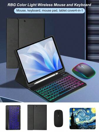 Ensemble 4-en-1 sans fil de souris rétroéclairée, clavier, tapis de souris et étui de tablette, avec clavier Bluetooth et support de stylet, convient aux tablettes iPad de 10,5" et 10,2". Housse de protection magnétique amovible (tablette et stylet non inclus)