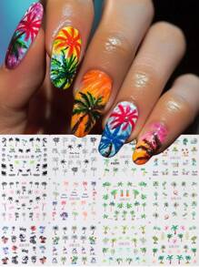 12 designs de adesivos de transferência de água para unhas com coqueiros de verão, design de praia de coco tropical, decalques de resina autoadesivos para unhas, slides de manicure com tema de praia, decoração de unhas, acessórios e suprimentos para unhas